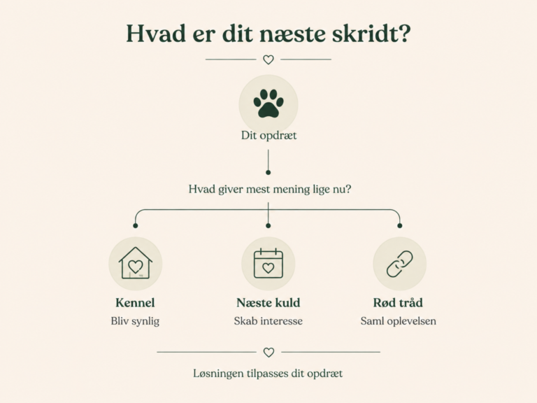 Ydelses-LP – Tryg Opdrætter Illustration, der viser, hvordan hundeopdrættere kan vælge den digitale løsning, der passer bedst til deres opdræt – fra øget synlighed til præsentation af kuld eller en samlet digital strategi.